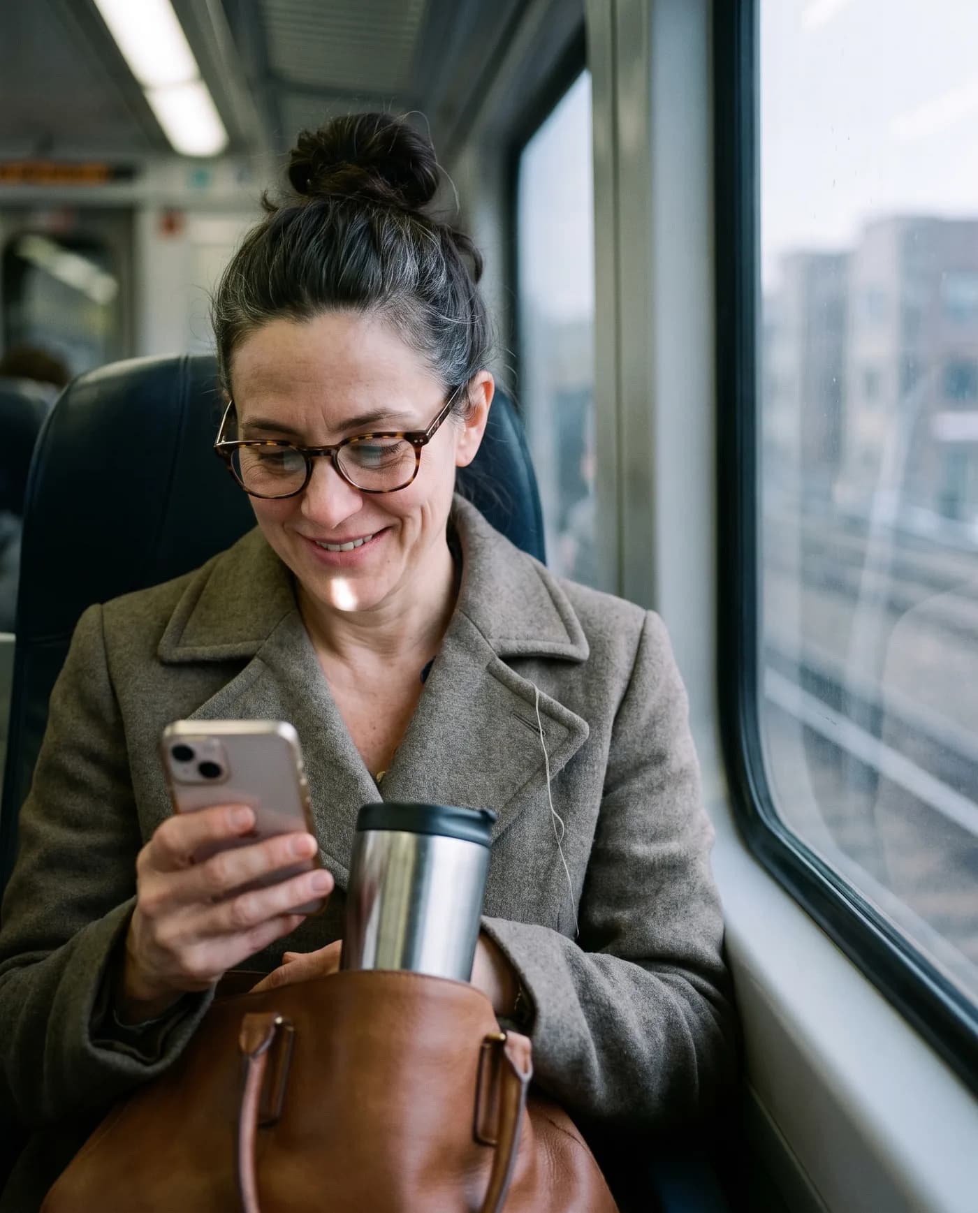A daughter on the train, smiling at her phone.