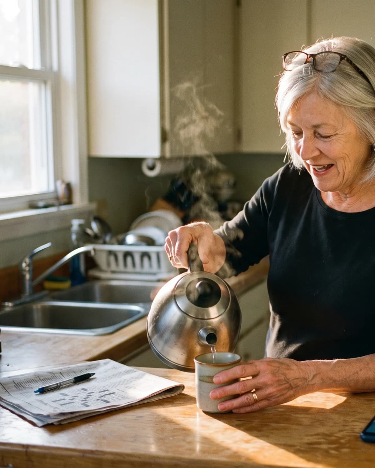 Tea being poured in a sunny kitchen, a phone beside the kettle.