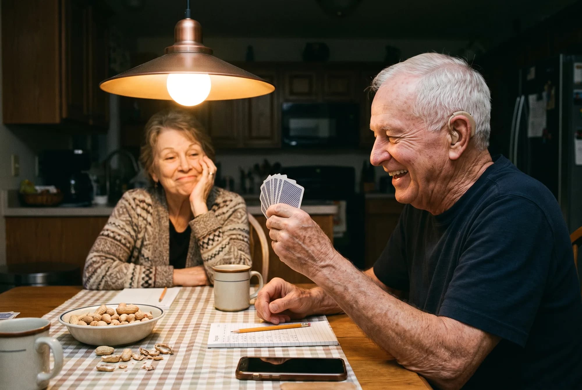 Two friends playing cards at a kitchen table in the evening.