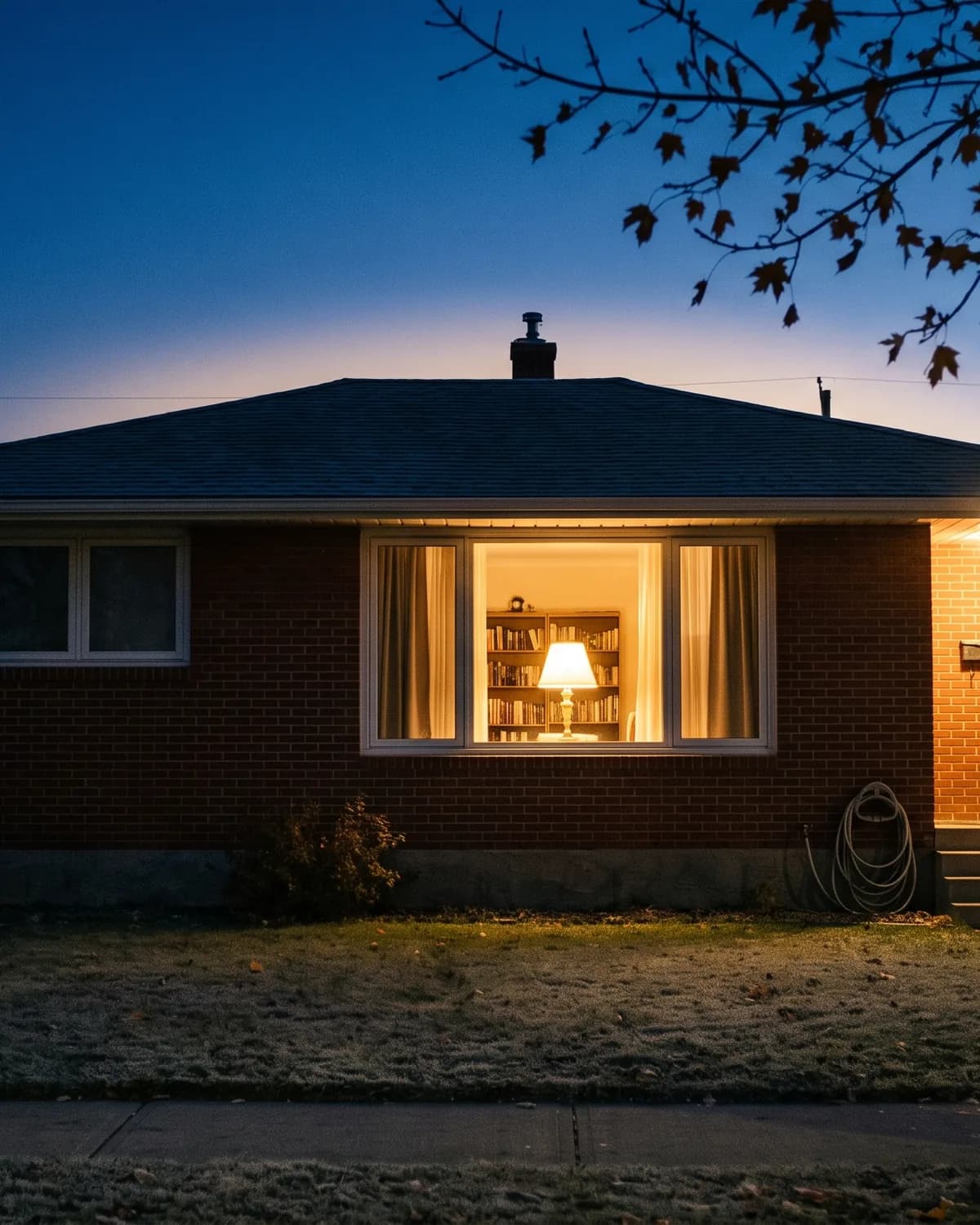 A house at dusk with the porch light on.