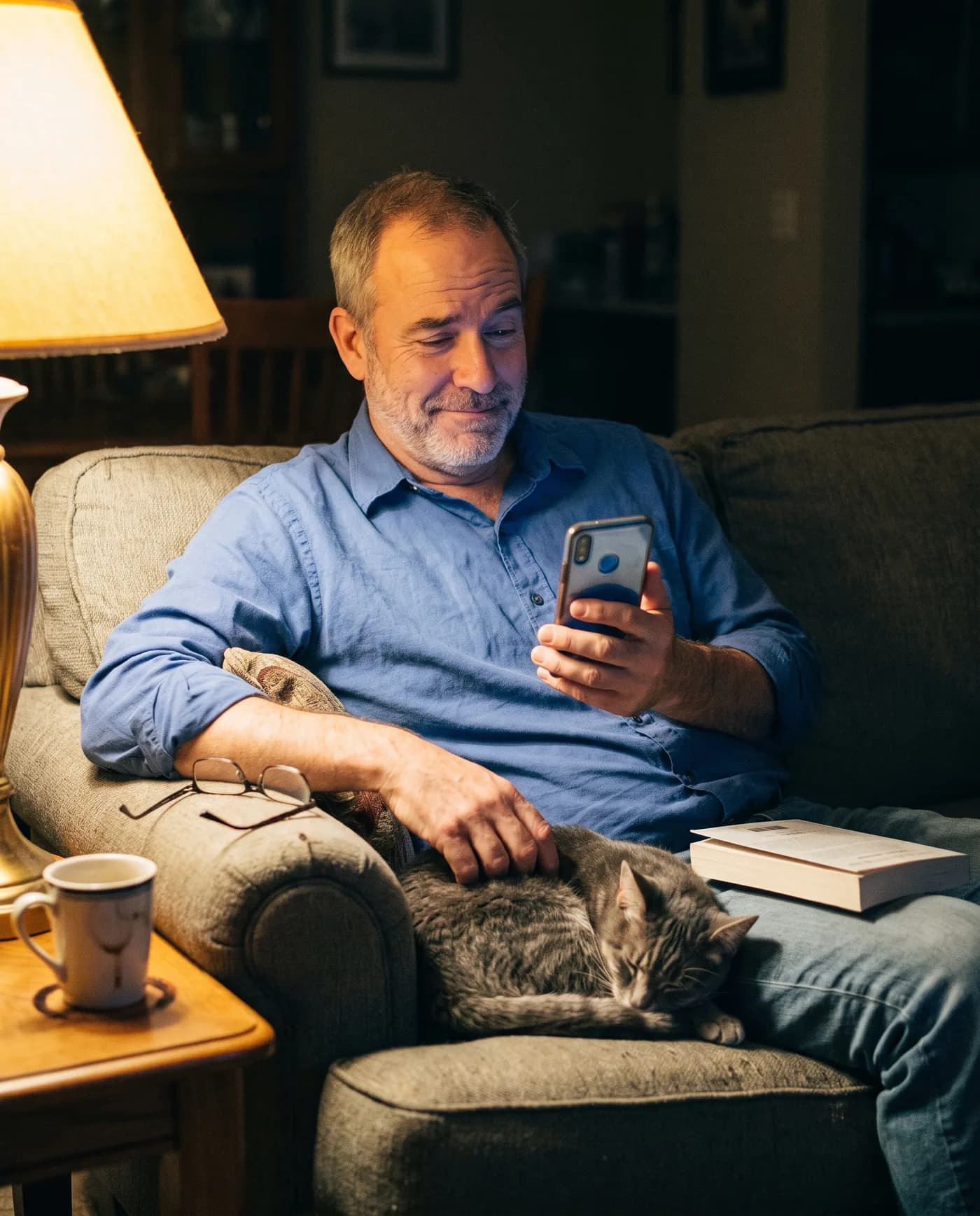 A son on the couch with the cat, checking his phone in the evening.