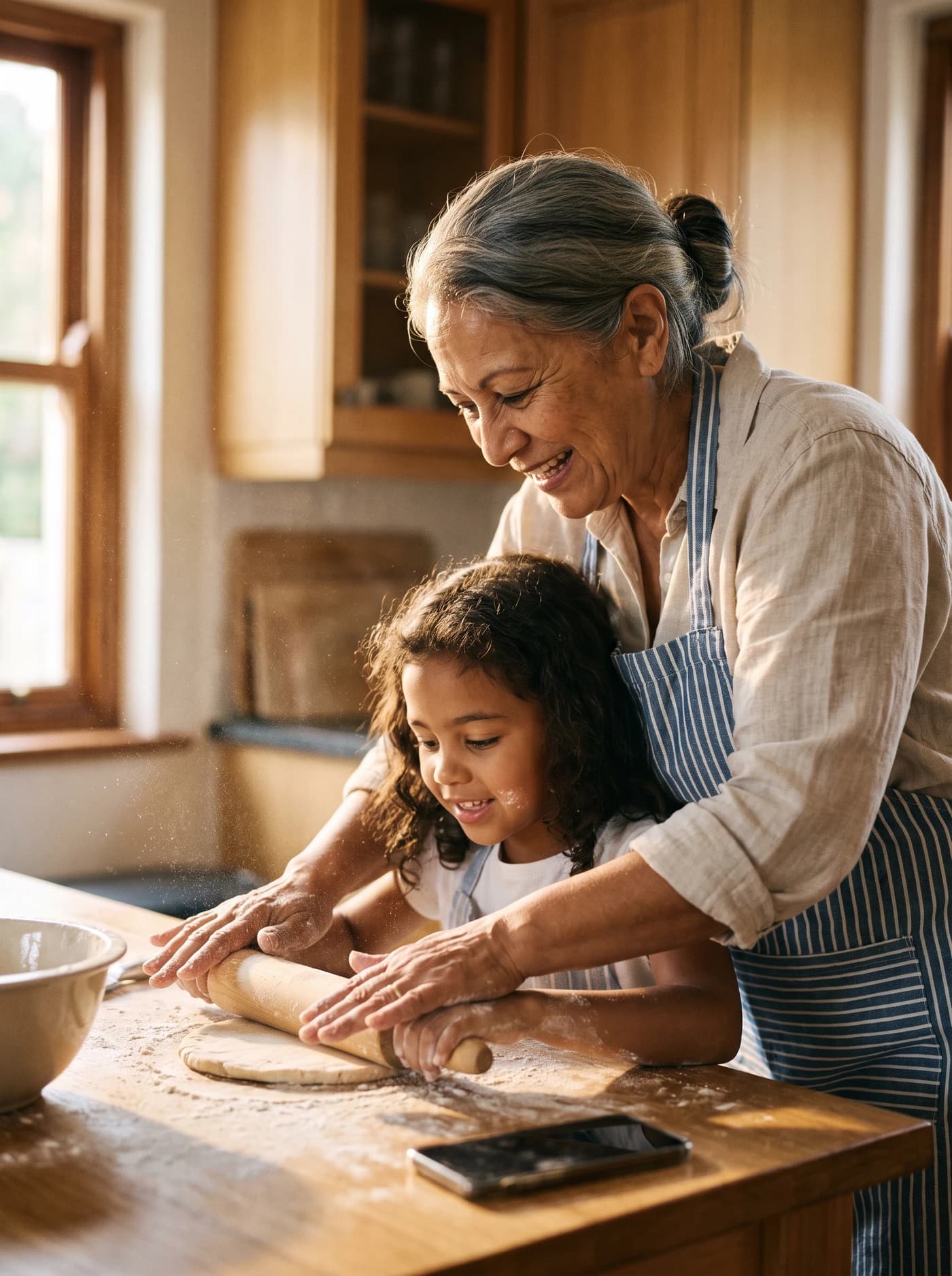 A grandmother and her granddaughter rolling out dough together.