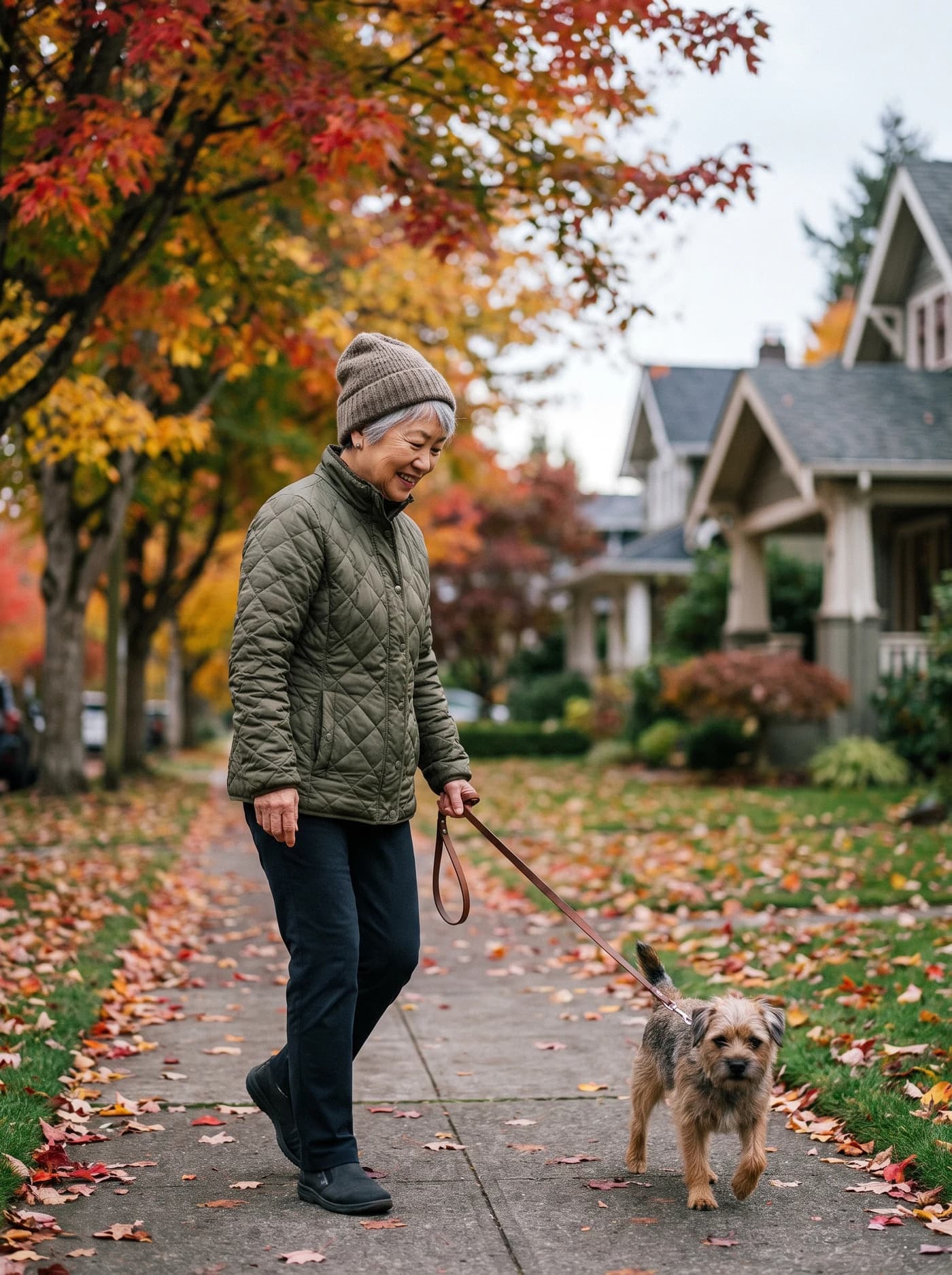 A woman walking her small dog along a leafy street in autumn.