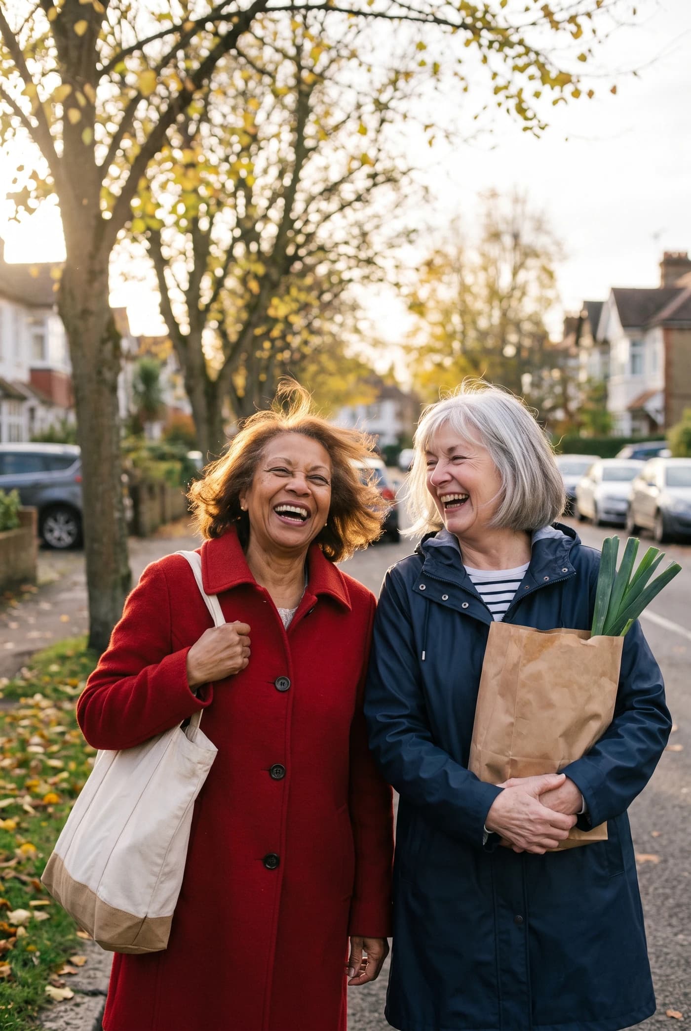 Two friends laughing on the walk home with the groceries.