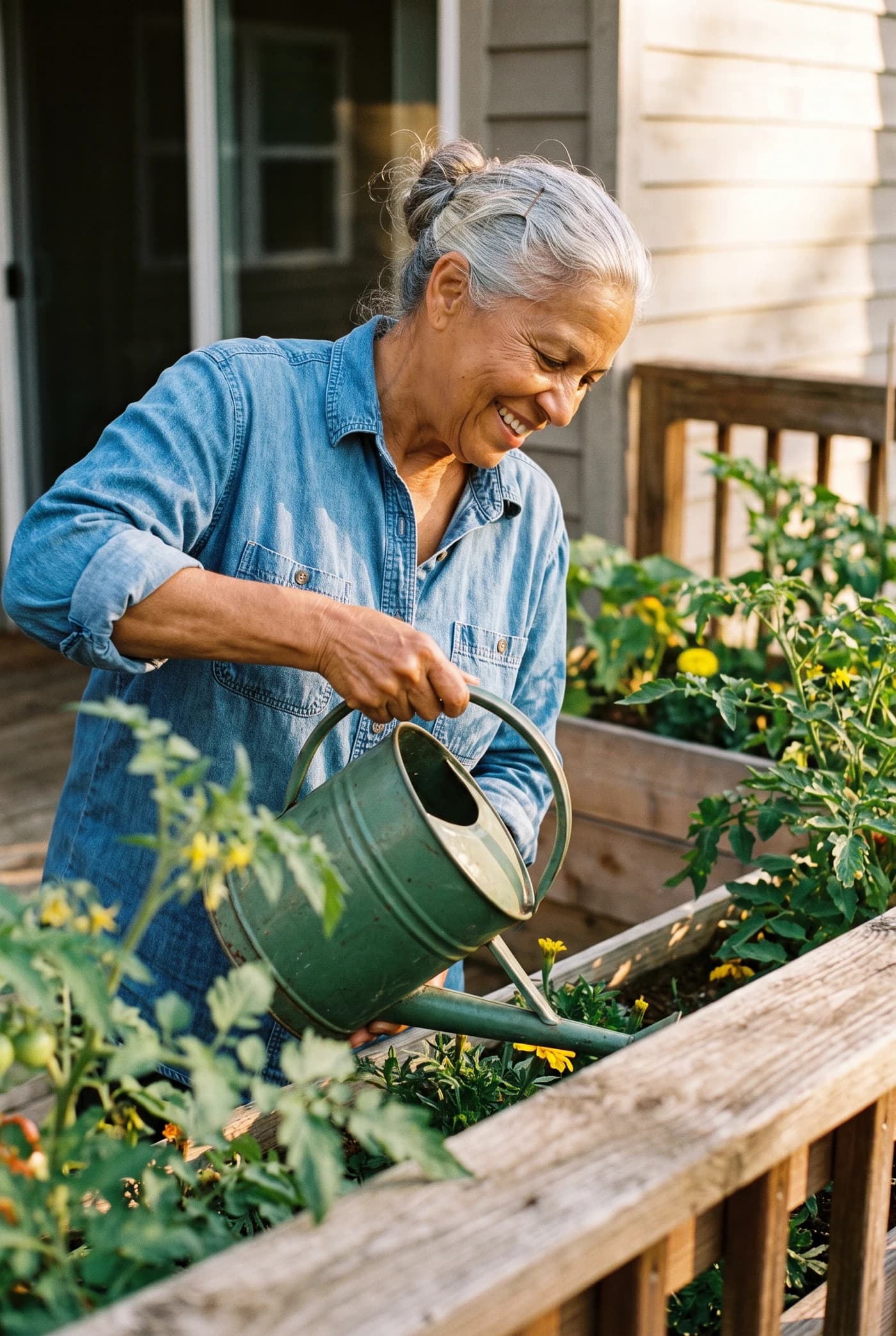 A woman watering tomato plants on her back deck in the morning.