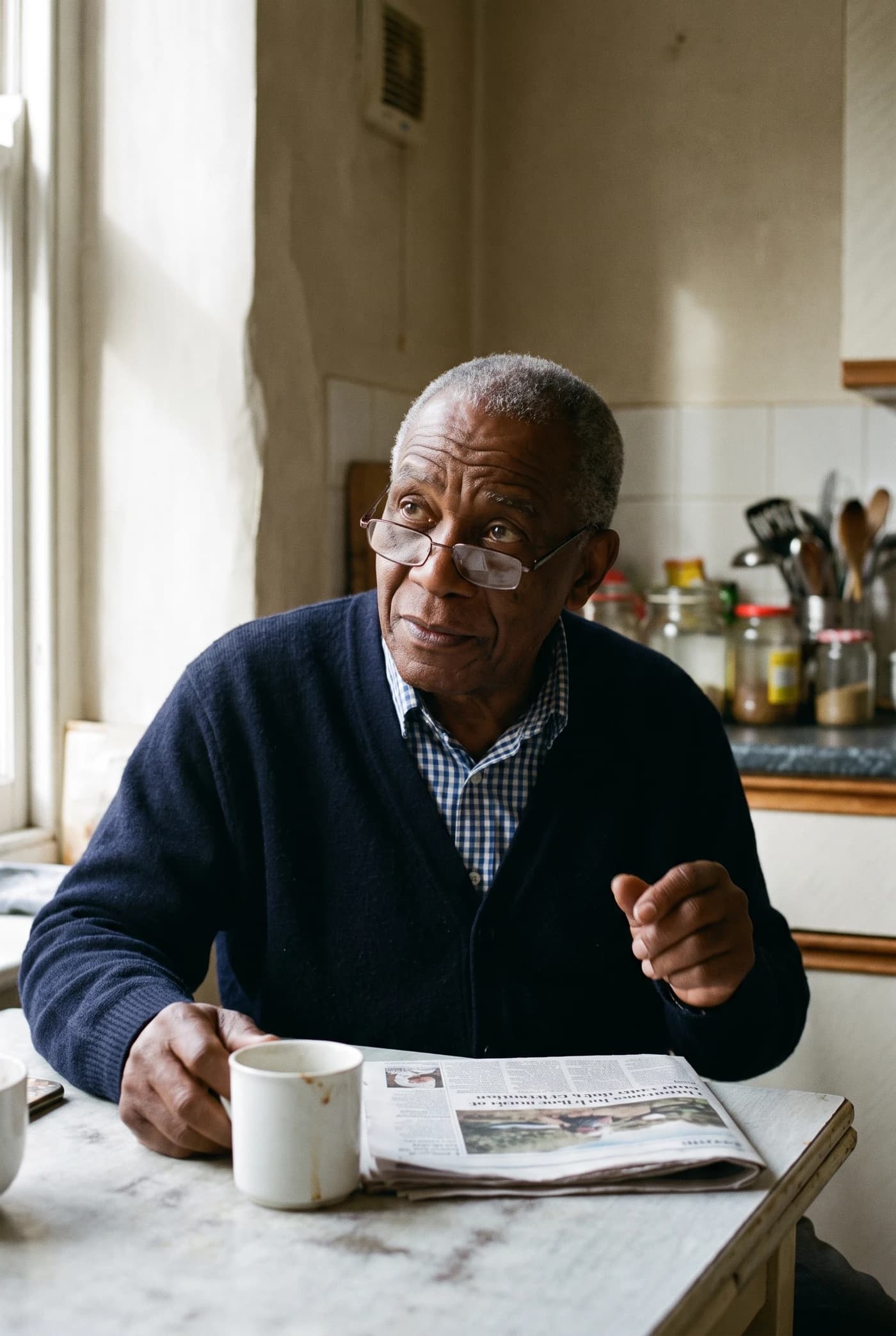 A man reading the paper with his coffee at the kitchen table.